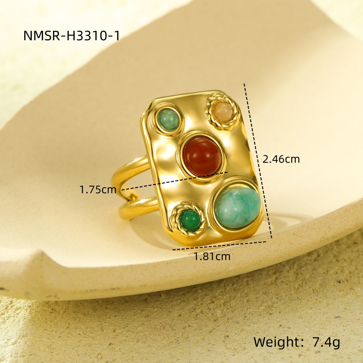 Anillo Minimalista Cuadrado de Acero de Titanio con Incrustaciones de Piedra Natural y Acabado Bañado Ajustable para Mujer