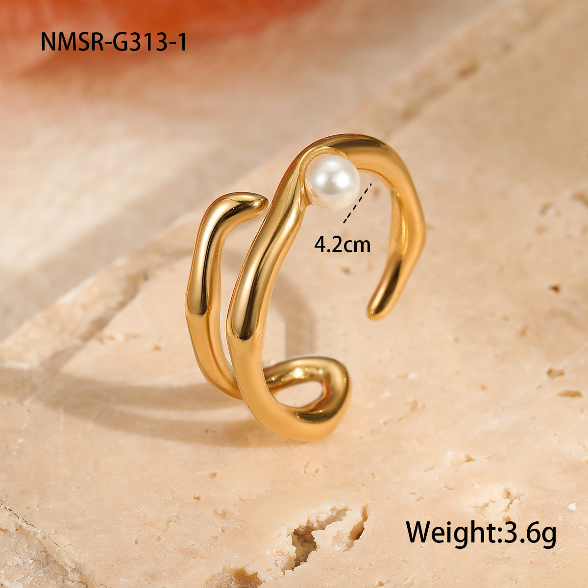Anillo Minimalista Geométrico Irregular de Acero Inoxidable con Acabado Chapado y Acentos de Perlas Simuladas para Mujer
