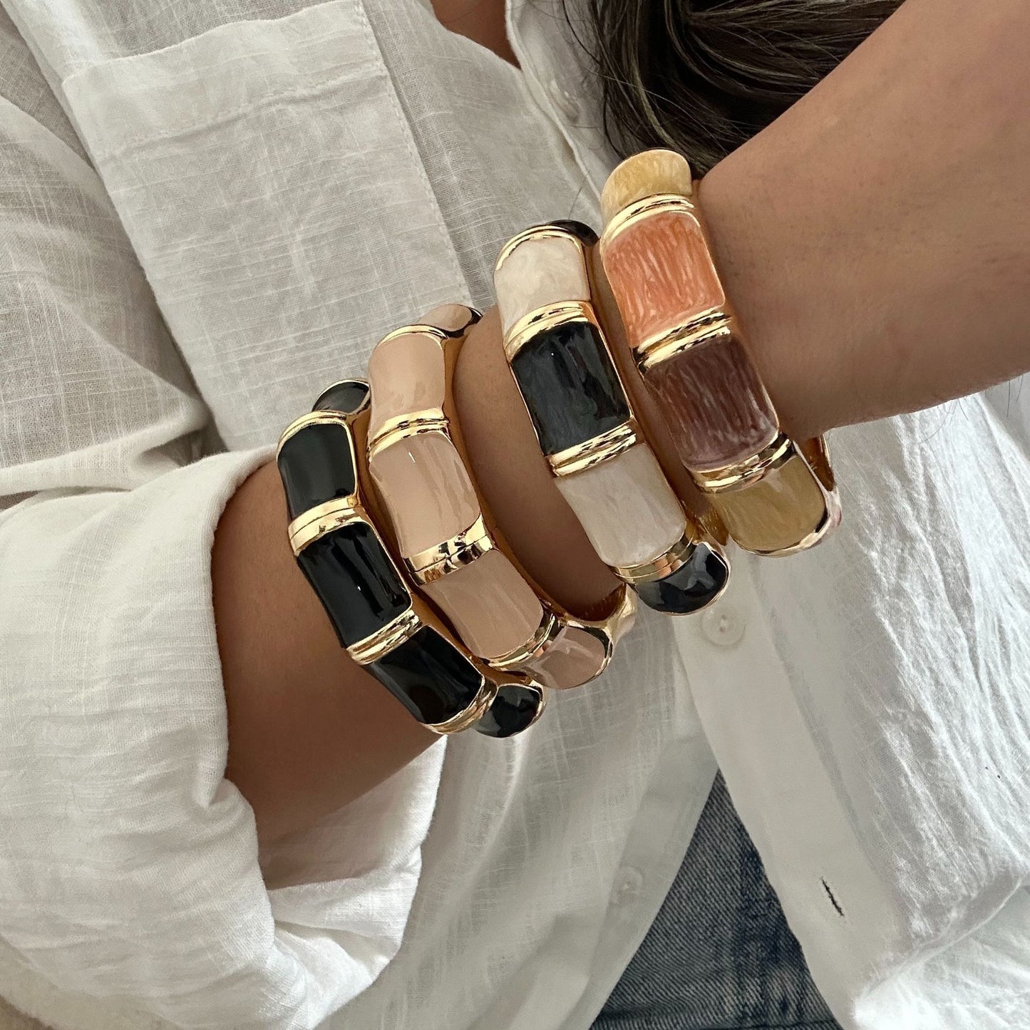 Bracciale da donna a polsino in lega smaltata pesante vintage con bambù geometrico