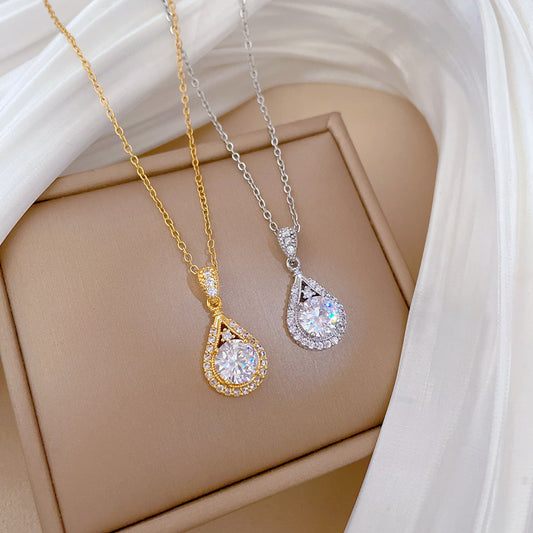 Minimalist Sweet Teardrop Geometric Gold Plated Rhinestone Inlay Titanium Steel Necklace for Women