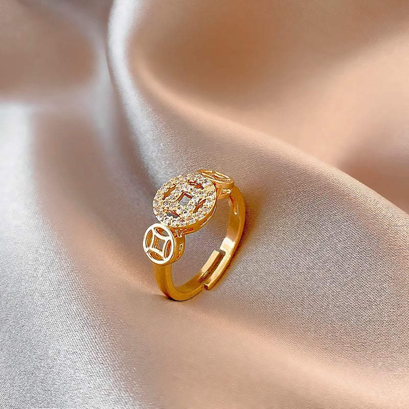 Minimalist Copper Ring with Plated Finish and Coin Design for Women, Adjustable Open Band Fashion Jewelry