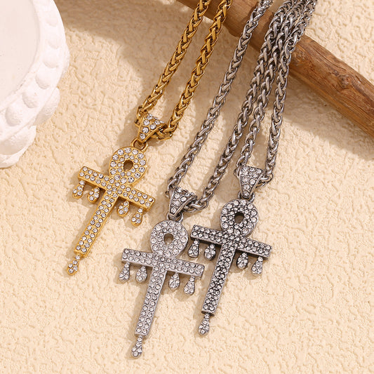 Minimalist Key-Shaped Pendant Necklace for Women Stainless Steel with 18K Gold Plating and Full Rhinestone Inlay on Braided Chain