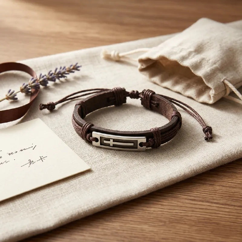 Hip-hop Round Leather Handmade Braided Multi-layer Bracelet with Magnetic Clasp