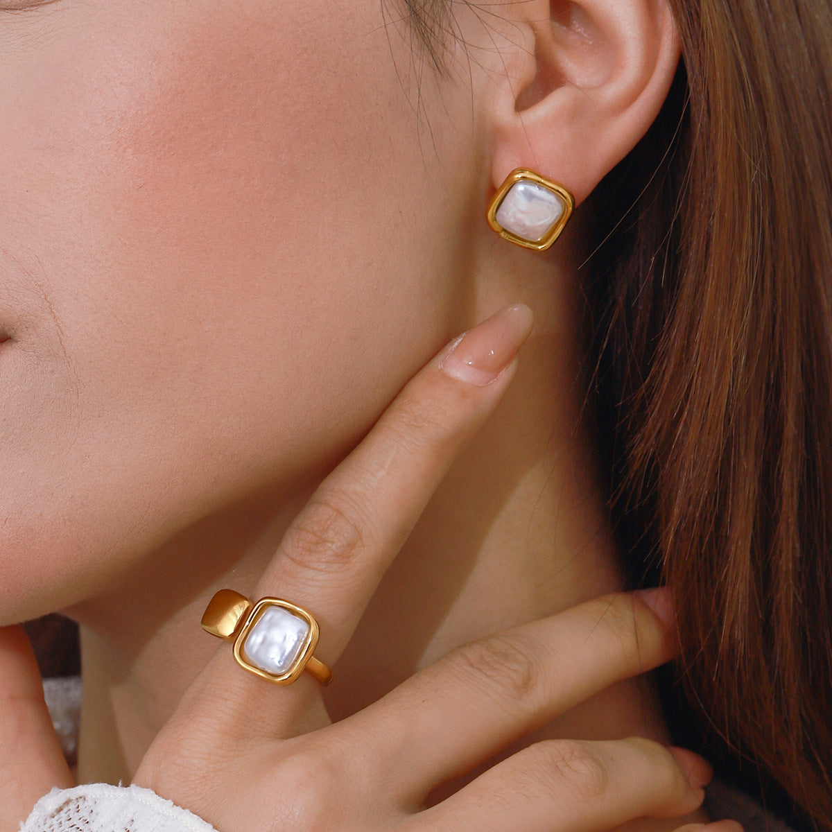 Elegant Geometric Pearl Inlay Stainless Steel Earrings with Titanium Steel Posts