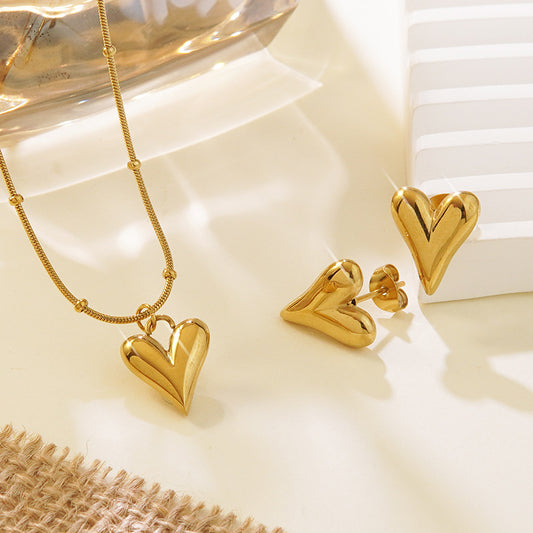 Juego de collar y pendientes minimalistas de acero inoxidable en forma de corazón y lágrima con cadena de serpiente