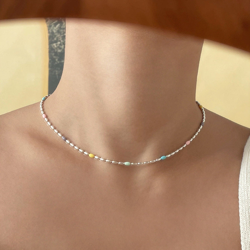Minimalist Geometric Rainbow Olive Bead Necklace in 925 Sterling Silver with Snake Chain and Tulip Floral Accents