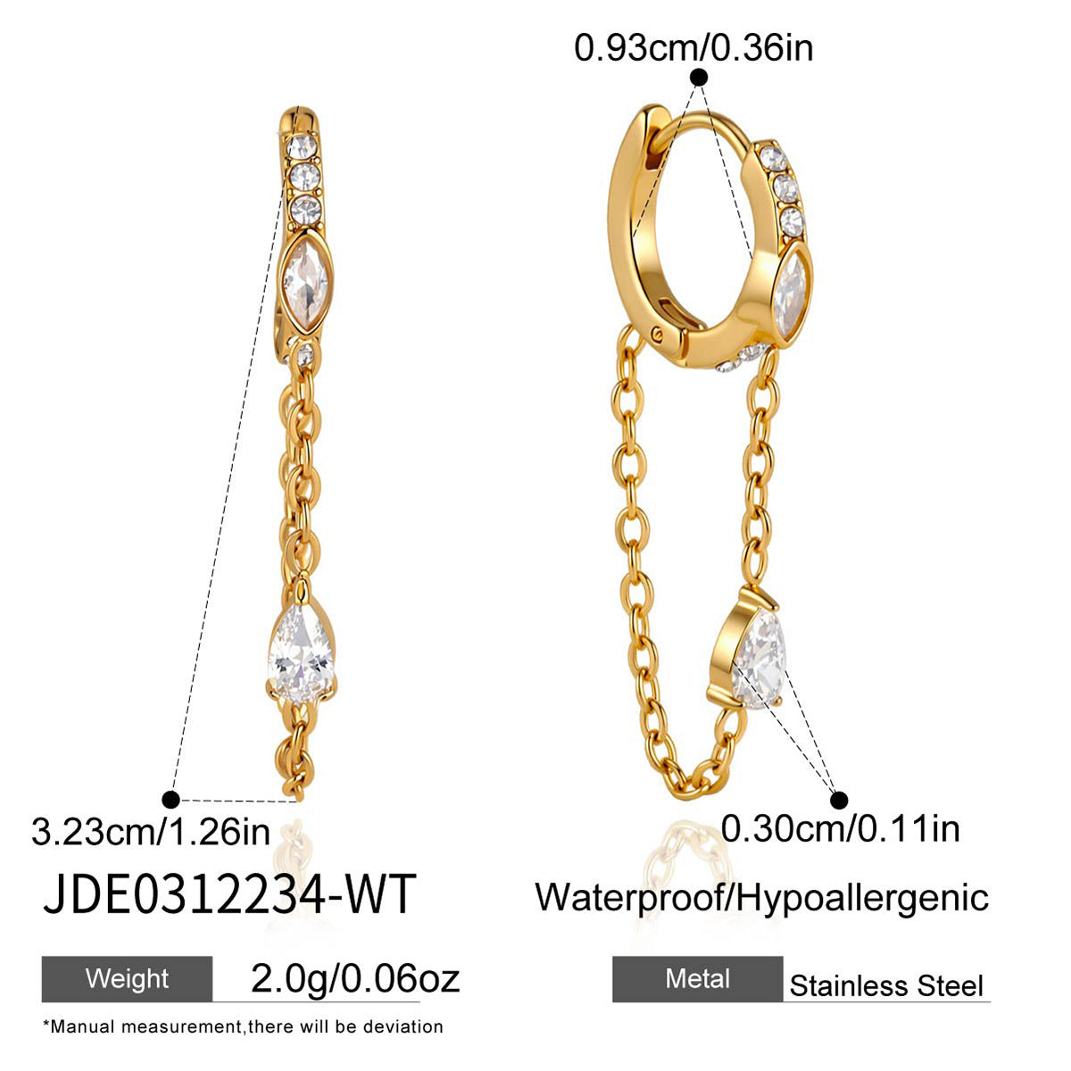 Elegant Green Cubic Zirconia Geometric Square Plated Stainless Steel Tassel Clip-on Earrings for Women