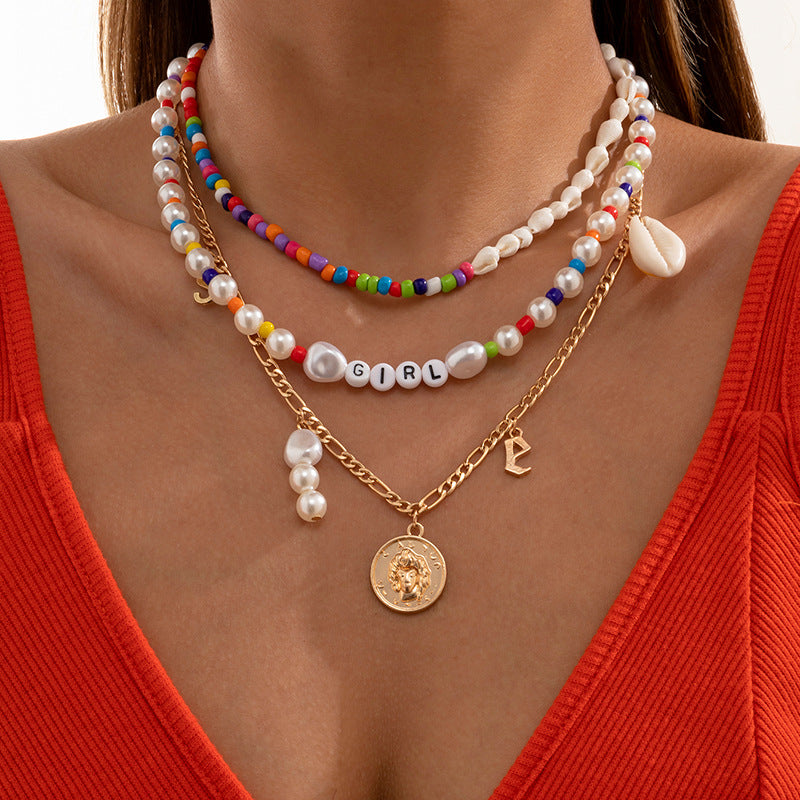 Vintage Bohemian Geometric Letter Imitation Pearl Shell Pendant Beaded Necklace for Women