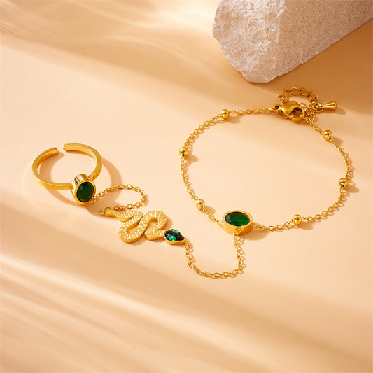 Elegante anillo abierto y pulsera de acero inoxidable chapado en oro estilo "OL" con detalle de cadena de serpiente