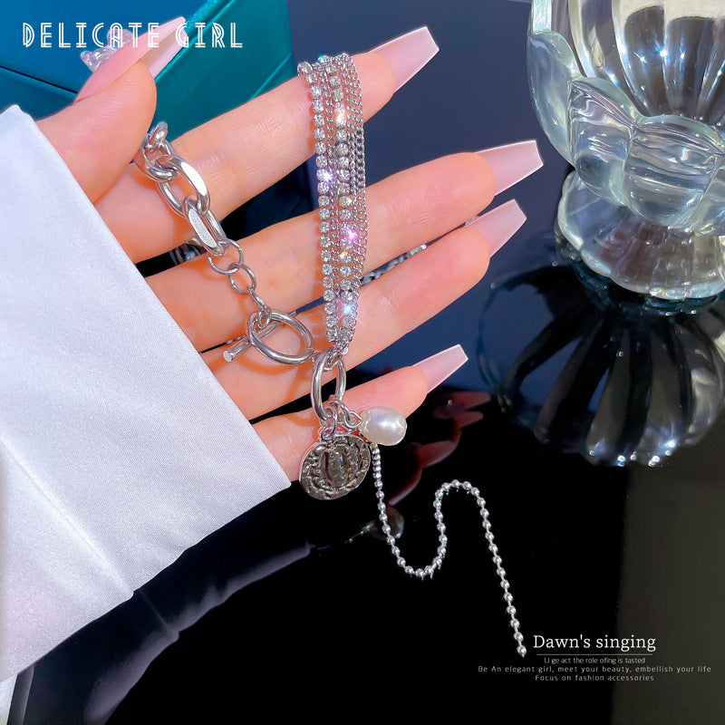 Cartoon-Style T-Shaped Clasp Necklace with Rhinestone Inlay and Pearl Pendant in Titanium Steel for Women
