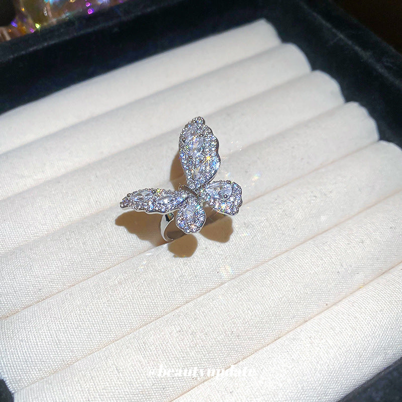 Anello Aperto a Forma di Farfalla in Rame con Intarsio di Zirconi da Donna, Anello da Dito Minimalista Estetico Naturale