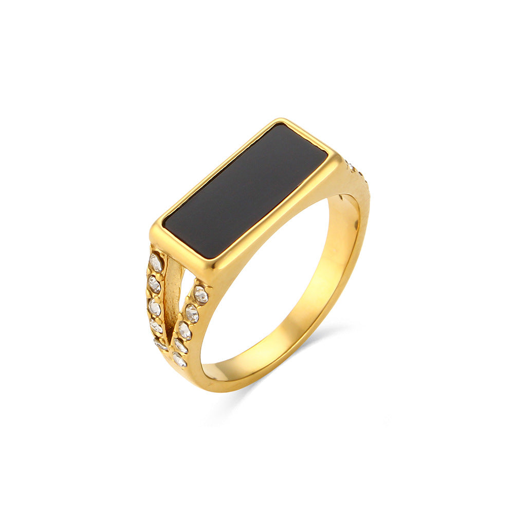 Vintage-Inspired Geometric Stainless Steel Ring with Side Rhinestone Accents for Women