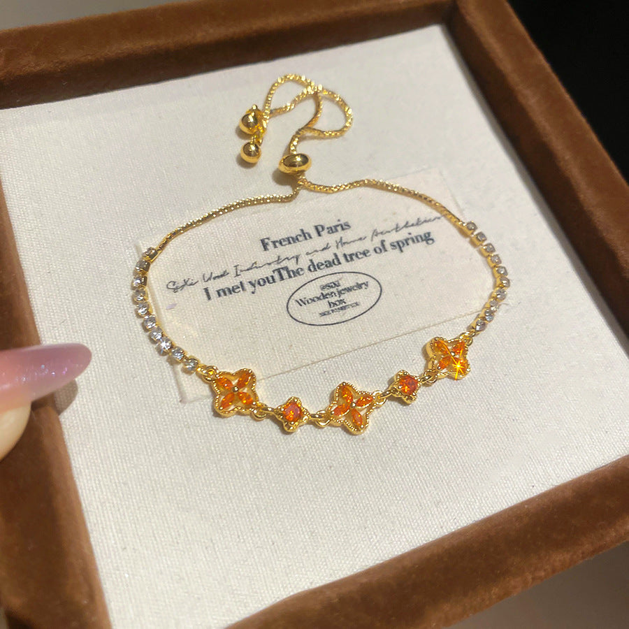 Elegant Floral Bracelet for Women with 18K Gold Plating and Zircon Inlay, Vintage-Inspired Luxury Hand Jewelry
