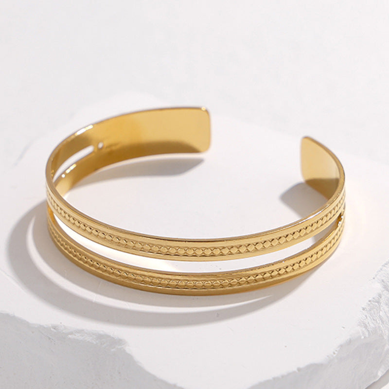 Adjustable Titanium Steel Bracelet for Women with Geometric Line Design Electroplated Finish Statement Cuff