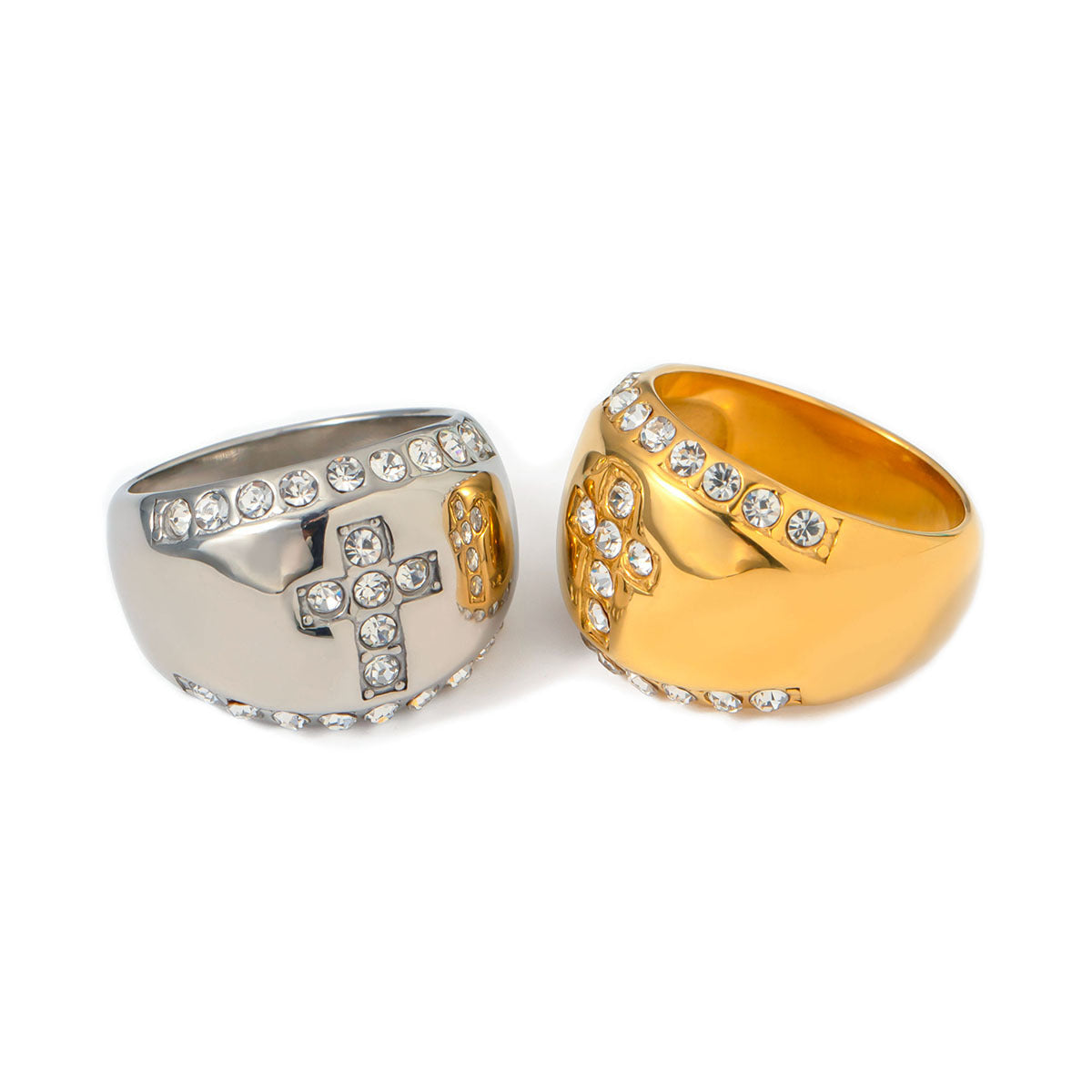 Anillo de cruz geométrico de moda chapado en oro de 18 quilates de acero inoxidable con incrustaciones de diamantes de imitación para mujer