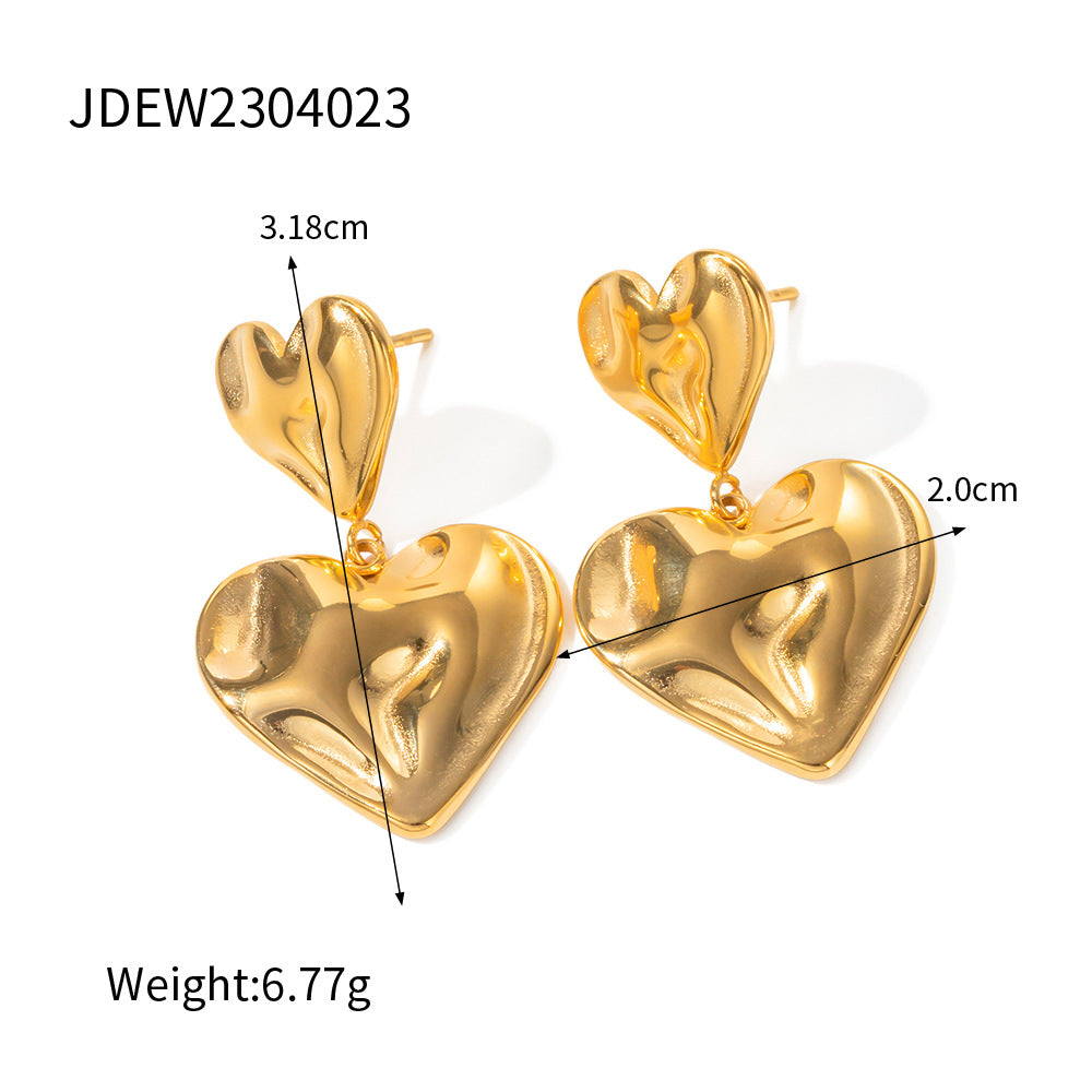 Trendy Ins Style 18K Plated Hammered Heart Pendant Earrings for Women