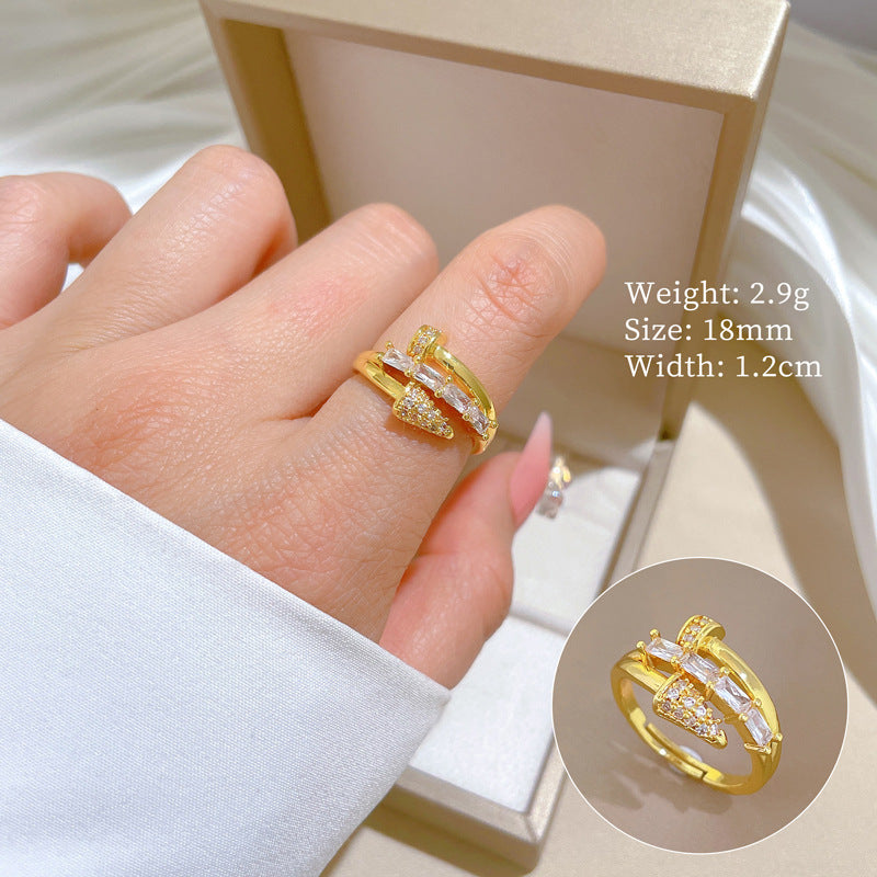 Minimalist Geometric Gold-Plated Brass Open Ring for Women with Crown Shape and Rhinestone Inlay
