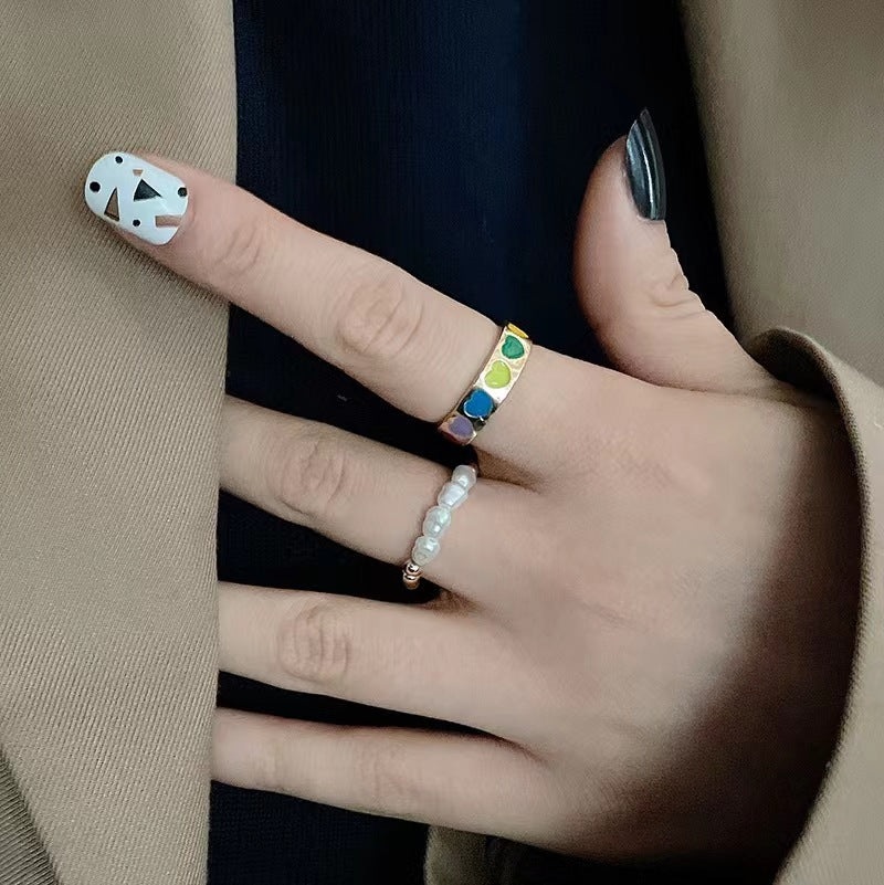 Sweet Minimalist Heart-Shaped Alloy Ring Set with Rhodium Plating for Women, Geometric Design Pearl Accent Stackable Band
