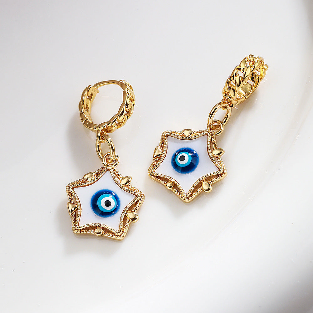 Minimalist Geometric Star Pendant Earrings with Enamel Eye Detail in Copper Plated 18K Gold for Women