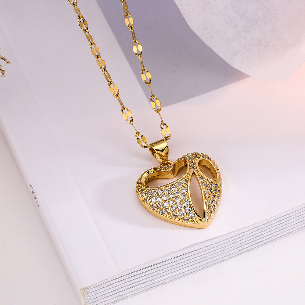 Minimalist Hollow Heart Shaped Zircon Pendant Necklace for Women in Copper with Fashionable Commuter Style
