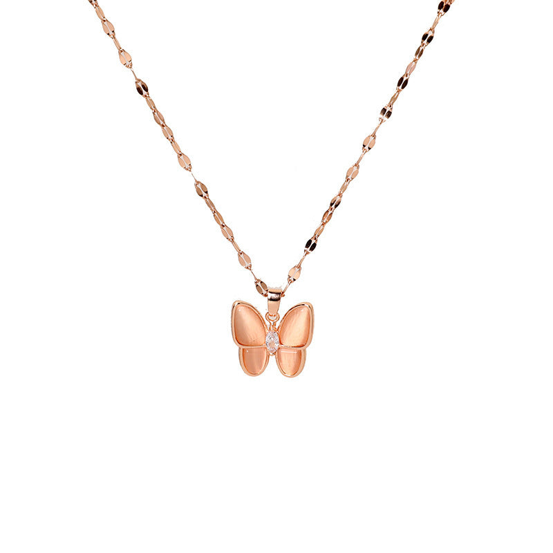 Minimalist Butterfly Pendant Necklace for Women in Titanium Steel with Mother-of-Pearl Inlay and Wavy Chain