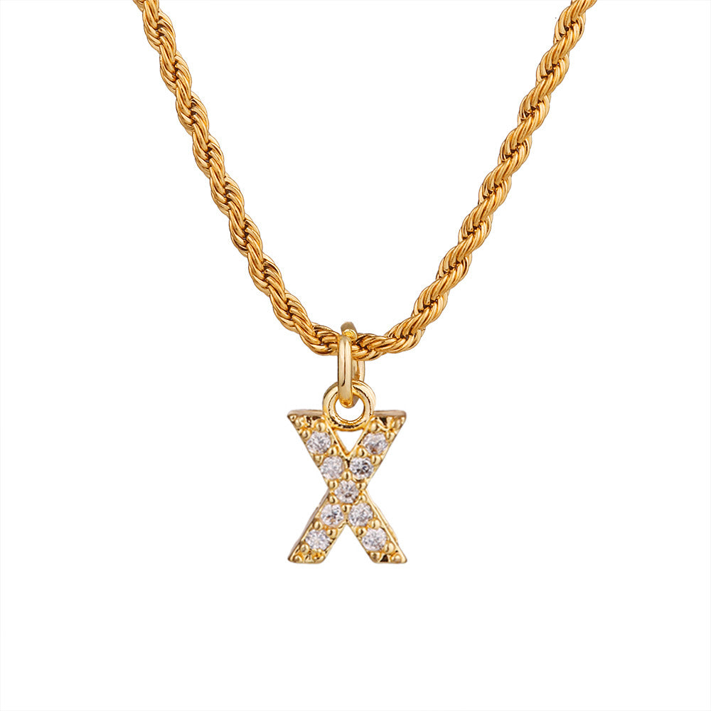 Collar con colgante de letra para mujer, minimalista, de moda, cadena trenzada de acero inoxidable con baño de oro e incrustaciones de circonita