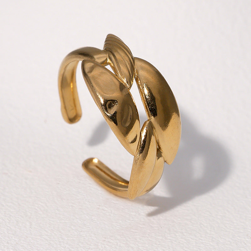 Minimalist 18K Gold Plated Stainless Steel Adjustable Open Ring Geometric Leaf Design for Women