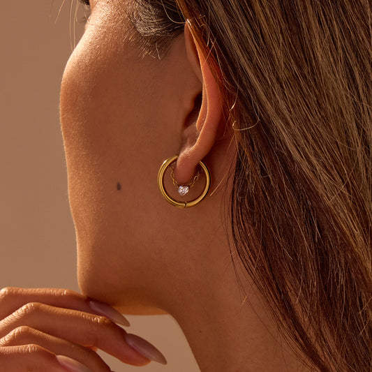 Fashionable Geometric Stainless Steel Earrings with 18K Gold Plating and Rhinestone Inlay for Women