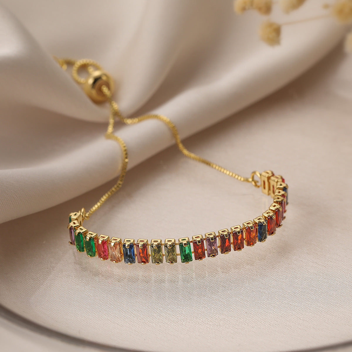 Minimalist Geometric Copper Plated Gold Zirconia Adjustable Bracelet for Women