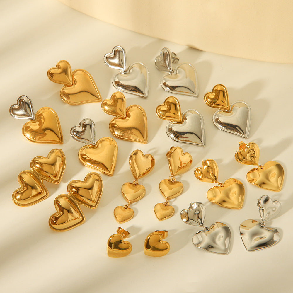 INS Style Heart-Shaped Titanium Steel Earrings with 18K Gold Plating, Stainless Steel Posts, Hypoallergenic and Fade-Resistant for Women