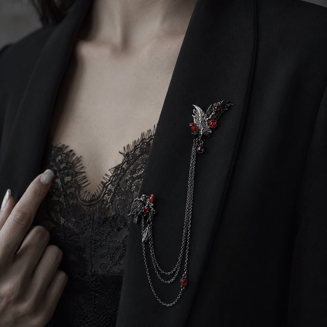 Gothic Vintage Rhinestone Inlaid Rose Floral Geometric Brass Brooch with Feather Tassel Chain