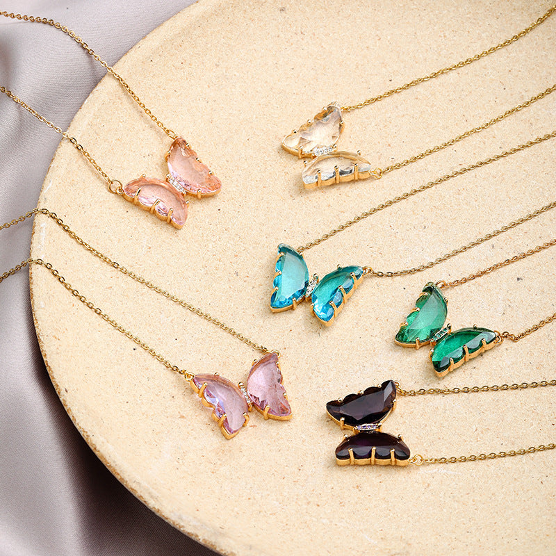 Collana da donna in acciaio al titanio con strass a forma di farfalla, minimalista e dolce catena per clavicola