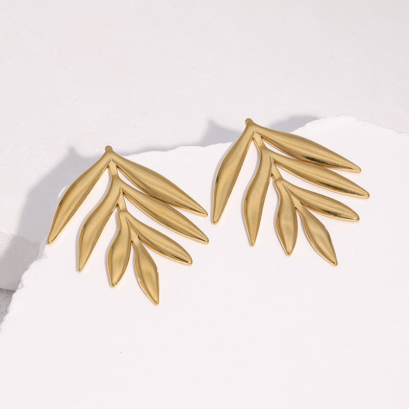 Orecchini da donna in acciaio inossidabile a forma di foglia, stile naturale, placcati in oro 18 carati