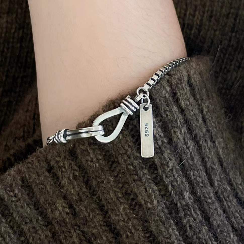 Vintage 925 Sterling Silver Geometric Letter Box Chain Bracelet for Women