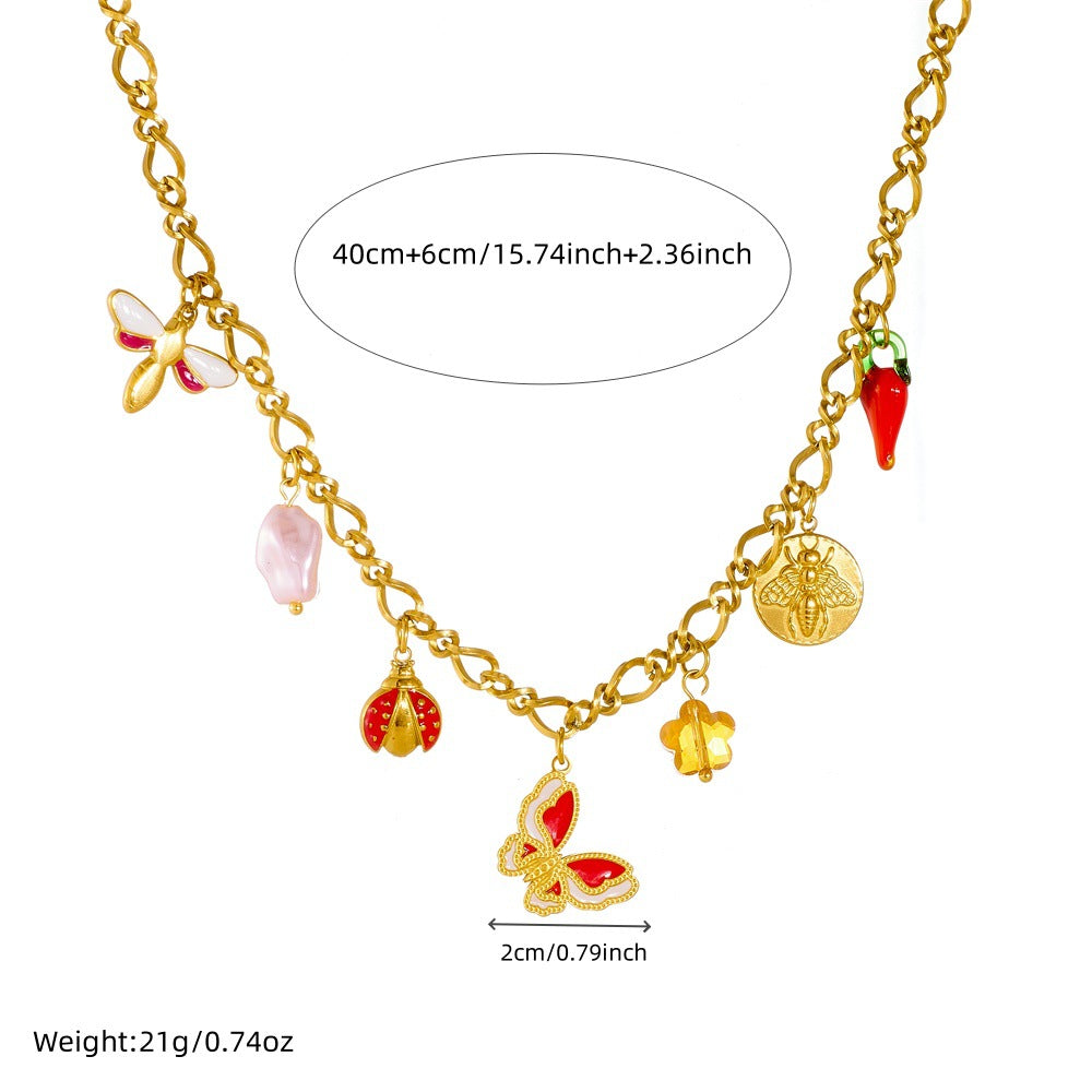 Minimalist Drip Oil Plated Stainless Steel Butterfly and Round Pendant Jewelry Set with Cable Chain for Women