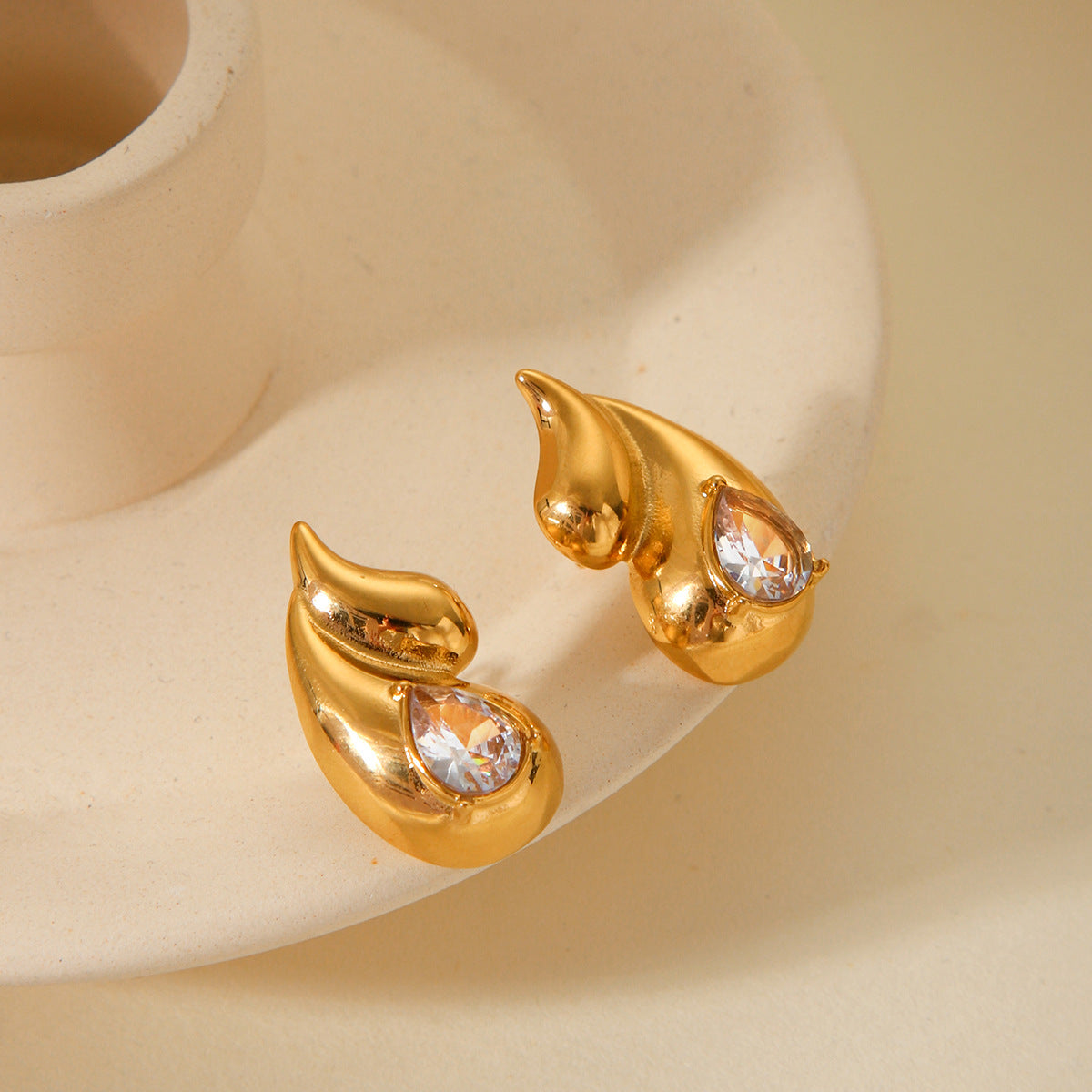 Minimalist Double Teardrop Stainless Steel Earrings for Women with Plated Finish and Rhinestone Inlay