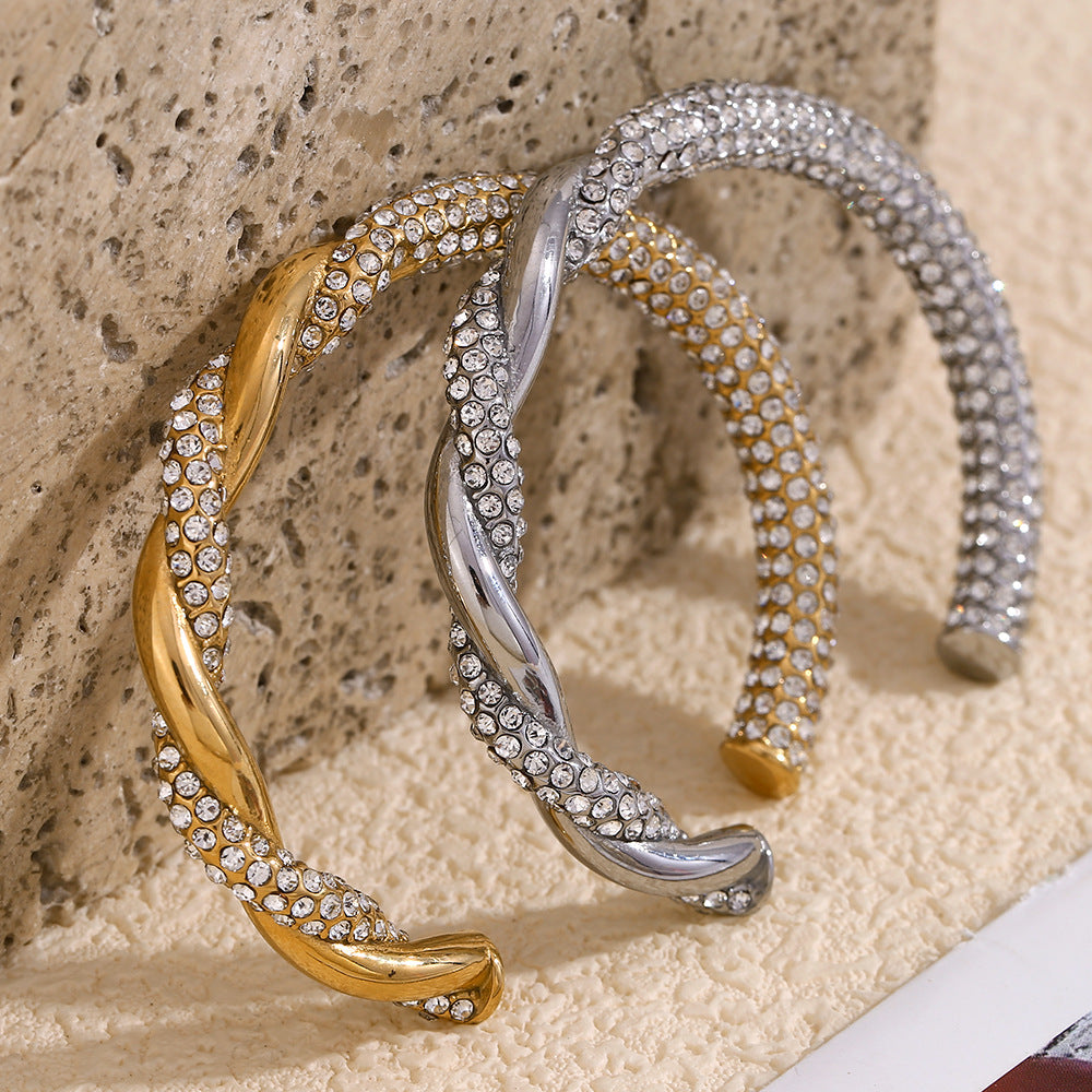 Fashionable Asymmetrical Braided Stainless Steel Bracelet with 18K Gold Plating and Rhinestone Accents