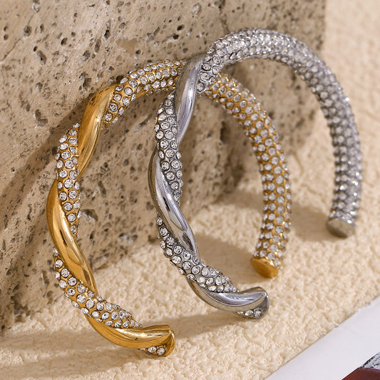 Fashionable Asymmetrical Braided Stainless Steel Bracelet with 18K Gold Plating and Rhinestone Accents
