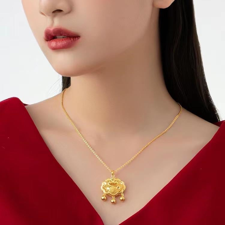 Original Design Irregular Shape Brass-Plated Titanium Steel Pendant Necklace with Feng Character Bell and Peace Lock for Men