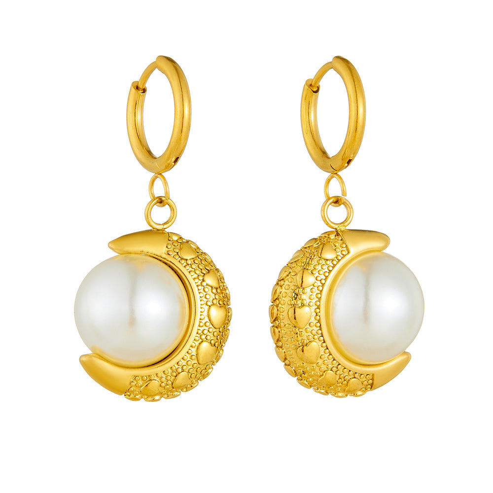 Vintage Gold Plated Moon Pearl Stainless Steel Earrings