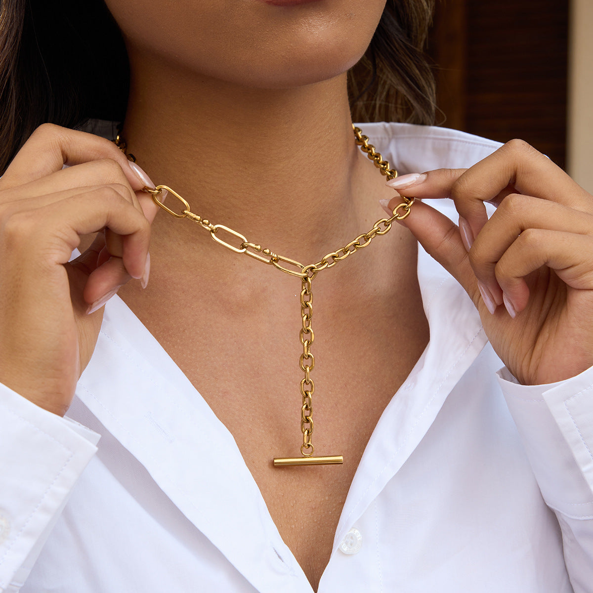 Collana a Y geometrica minimalista di lusso placcata oro 18 carati, catena multistrato in acciaio inossidabile da donna