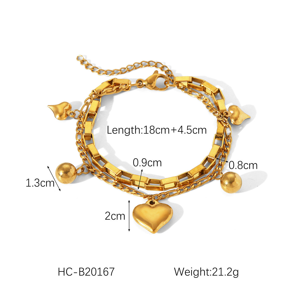Elegante bracciale a catena da donna placcato oro 18 carati in acciaio inossidabile con ciondolo a doppio strato a forma di cuore