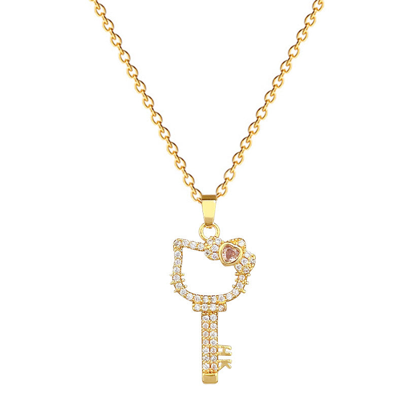 Sweet Cartoon Animal Micro-Inlaid Cubic Zirconia Brass Pendant Titanium Steel Necklace for Unisex