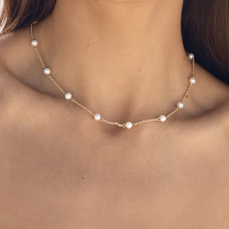 Minimalist Geometric Stainless Steel Necklace with 18K Gold Plating and Natural Freshwater Pearl Pendant for Women