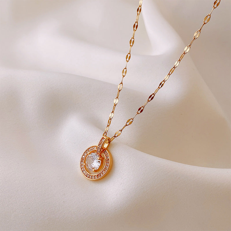 Fashion Titanium Steel Round Zircon Inlay 18K Rose Gold Lip Chain Necklace