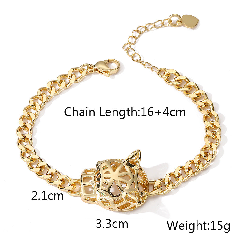 Elegante bracciale a catena cubana con ciondolo a leopardo da donna, realizzato in ottone con placcatura in oro e incastonatura micro-pavé