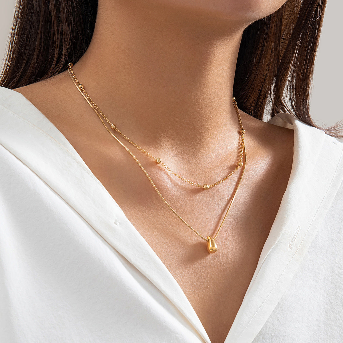 Minimalist Geometric Teardrop Round Alloy Pendant Brass Plated Snake Chain Necklace for Women