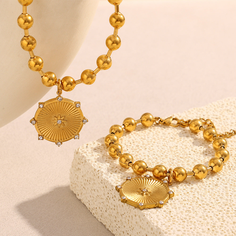 Fashion Minimalist Eight-Pointed Star Pendant Necklace and Bracelet Set in Stainless Steel with 18K Gold Plating