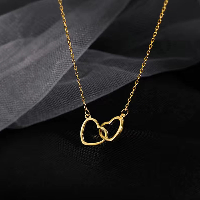 Minimalist 18K Gold Plated Titanium Steel Double Heart Pendant Necklace for Women and Men