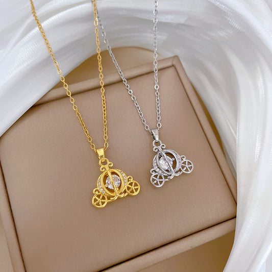 Luxury Sweet Geometric Rhinestone Pendant Necklace Titanium Steel Chain Moon Pattern